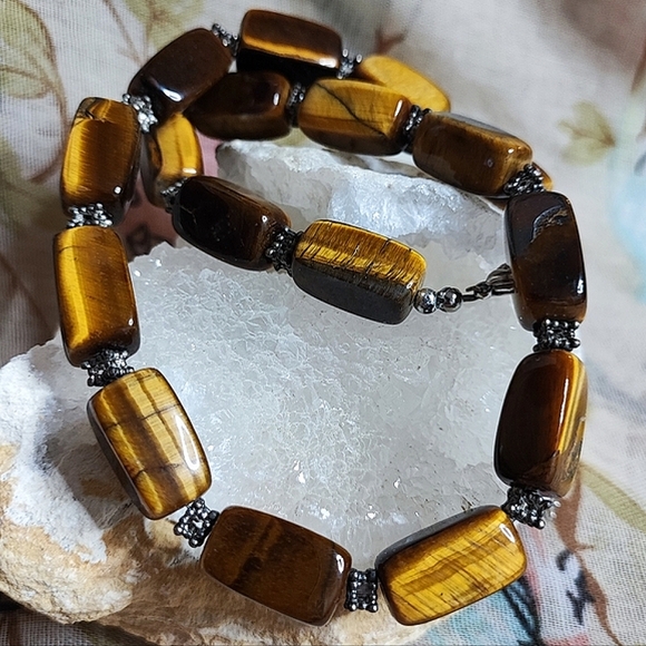 Heavy Stone Tiger's Tiger Eye Brown Carmel Cold Vintage Silver Tone Necklace - Picture 5 of 8